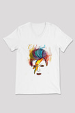 David Bowie Baskılı Beyaz Unisex V Yaka Tişört - Tshirt