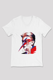 David Bowie Baskılı Beyaz Unisex V Yaka Tişört - Tshirt