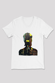 David Bowie Baskılı Beyaz Unisex V Yaka Tişört - Tshirt
