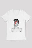 David Bowie Baskılı Beyaz Unisex V Yaka Tişört - Tshirt