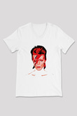 David Bowie Baskılı Beyaz Unisex V Yaka Tişört - Tshirt