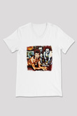David Bowie Baskılı Unisex Beyaz V Yaka Tişört