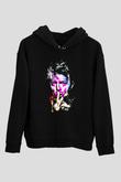 David Bowie Baskılı Unisex Siyah Kapüşonlu Sweatshirt