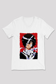 Dazai Baskılı Beyaz Unisex V Yaka Tişört - Tshirt
