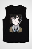 Dazai Baskılı Unisex Siyah Kolsuz Tişört - Tshirt