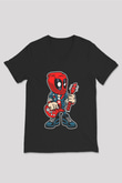 Deadpool Rocker Baskılı Unisex Siyah V Yaka Tişört