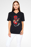 Deadpool Rockstar Baskılı Unisex Siyah V Yaka Tişört