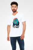 Demon Slayer Baskılı Beyaz Unisex V Yaka Tişört - Tshirt