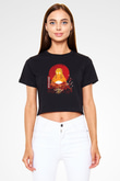 Demon Slayer Baskılı Siyah Crop Top Kadın Tişört - Tshirt