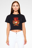 Demon Slayer Baskılı Siyah Crop Top Kadın Tişört - Tshirt