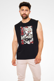 Demon Slayer Baskılı Unisex Siyah Kolsuz Tişört - Tshirt