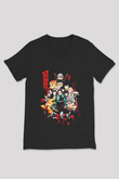 Demon Slayer Baskılı Unisex Siyah V Yaka Tişört - Tshirt