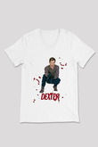 Dexter Baskılı Beyaz Unisex V Yaka Tişört - Tshirt