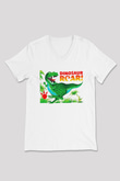 Dinozor Beyaz Unisex V Yaka Tişört T-Shirt