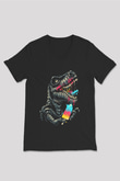 Dinozor Siyah Unisex V Yaka Tişört