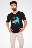 Dinozor Siyah Unisex V Yaka Tişört T-Shirt