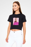 Diplo Baskılı Crop Top Siyah Kadın Tişört