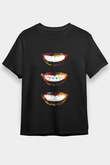 Dişler Renkli Baskılı Unisex Siyah Tişört - Tshirt