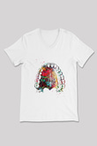 Dişler Renkli Baskılı Unisex V Yaka Beyaz Tişört - Tshirt