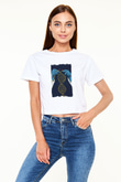 Dna Sarmalı Örgü Baskılı Beyaz Kadın Crop Top Tişört