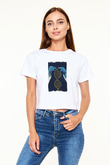 Dna Sarmalı Örgü Baskılı Beyaz Kadın Crop Top Tişört