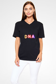 DNA Yazı Neon Baskılı Unisex V Yaka Siyah Tİşört - Tshirt