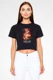 Dream Evil Baskılı Siyah Crop Top Kadın Tişört - Tshirt