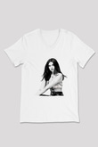 Dua Lipa Baskılı Beyaz Unisex V Yaka Tişört - Tshirt