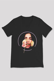 Dua Lipa Baskılı Unisex Siyah V Yaka Tişört - Tshirt