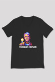 Edison Ampul Baskılı Unisex V Yaka Siyah Tİşört - Tshirt