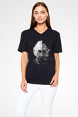 Einstein Portre Lıntı Baskılı Unisex V Yaka Siyah Tİşört - Tshirt