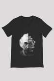 Einstein Portre Lıntı Baskılı Unisex V Yaka Siyah Tİşört - Tshirt