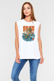 Ejderha Baskılı Beyaz Unisex Kolsuz Tişört - Tshirt