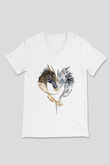 Ejderha Baskılı Beyaz Unisex V Yaka Tişört - Tshirt