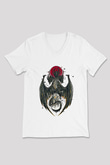 Ejderha Baskılı Beyaz Unisex V Yaka Tişört - Tshirt