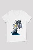Ejderha Baskılı Beyaz Unisex V Yaka Tişört - Tshirt