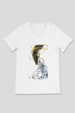 Ejderha Baskılı Beyaz Unisex V Yaka Tişört - Tshirt