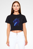 Ejderha Baskılı Siyah Crop Top Kadın Tişört - Tshirt