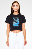 Ejderha Baskılı Siyah Crop Top Kadın Tişört - Tshirt