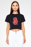 Ejderha Baskılı Siyah Crop Top Kadın Tişört - Tshirt