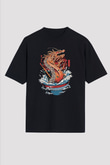 Ejderha Baskılı Unisex Siyah Oversize Tişört - Tshirt