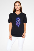 Ejderha Baskılı Unisex Siyah V Yaka Tişört - Tshirt