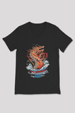 Ejderha Baskılı Unisex Siyah V Yaka Tişört - Tshirt