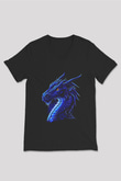 Ejderha Baskılı Unisex Siyah V Yaka Tişört - Tshirt