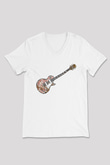 Elektro Gitar Baskılı Beyaz Unisex V Yaka Tişört - Tshirt
