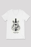 Elektro Gitar Baskılı Beyaz Unisex V Yaka Tişört - Tshirt