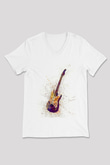 Elektro Gitar Baskılı Beyaz Unisex V Yaka Tişört - Tshirt