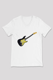 Elektro Gitar Baskılı Beyaz Unisex V Yaka Tişört - Tshirt