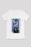 Elektro Gitar Baskılı Beyaz Unisex V Yaka Tişört - Tshirt