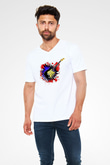 Elektro Gitar Baskılı Beyaz Unisex V Yaka Tişört - Tshirt
